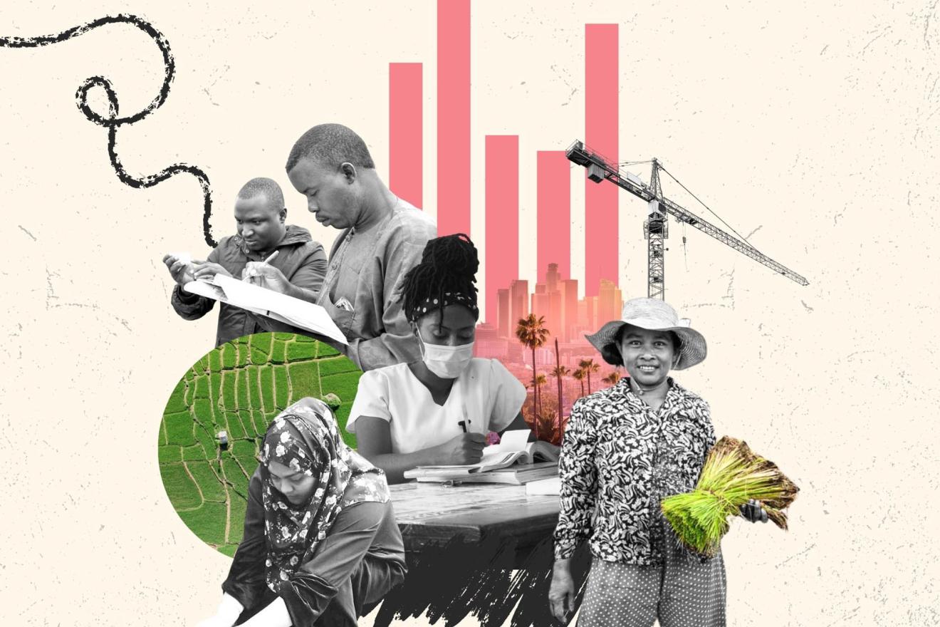 A collage featuring various elements: a group of people working, a bar graph with red bars, a construction crane, an urban skyline with palm trees, and agricultural scenes. 