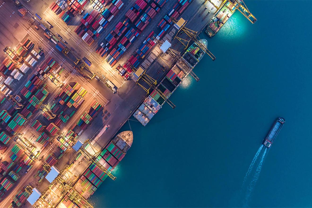 Aerial view of container ships in a harbor.